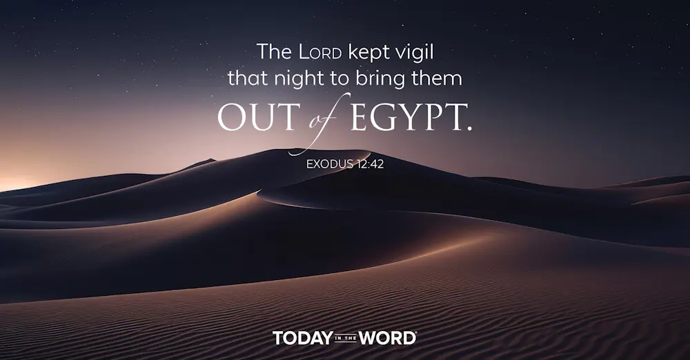 Today's daily devotional Bible verse: Exodus 12:42 The LORD kept vigil that night to bring them out of Egypt. | Dark burgandy desert with setting sun.