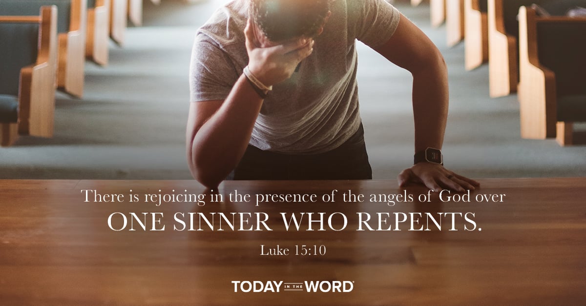 Today's daily devotional Bible verse: Luke 15:10 There is rejoicing in the presence of the angels of God over one sinner who repents. | a man at the alter.