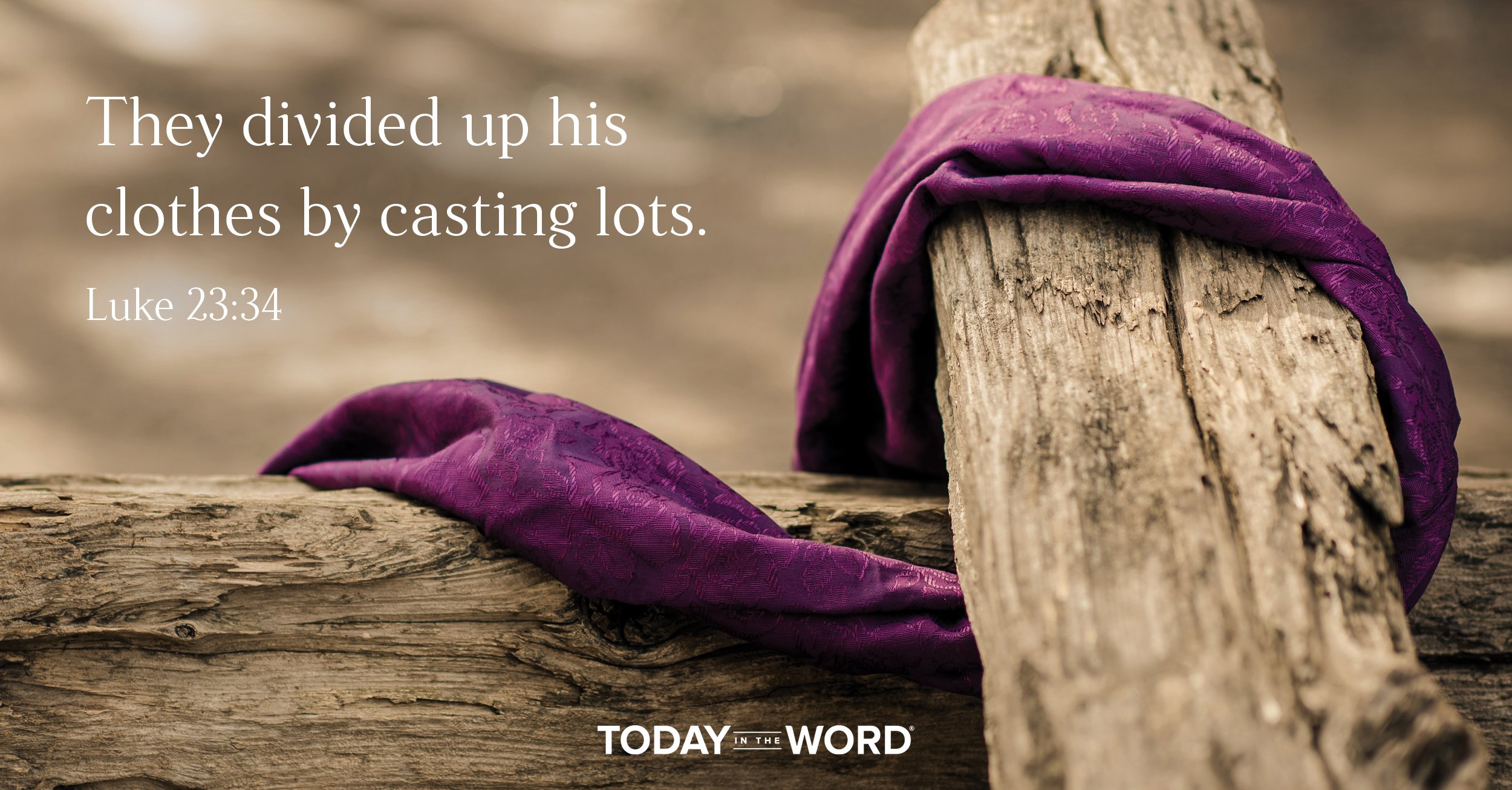 Today's daily devotional Bible verse: Luke 23:34 They divided up his clothes by casting lots. | A purple cloth draping wooden beams.