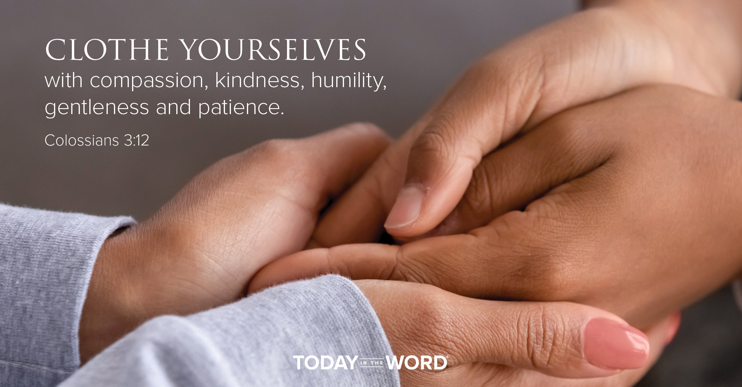 Today's daily devotional Bible verse: Colossians 3:12 Clothe yourselves with compassion, kindness, humility, gentleness and patience.