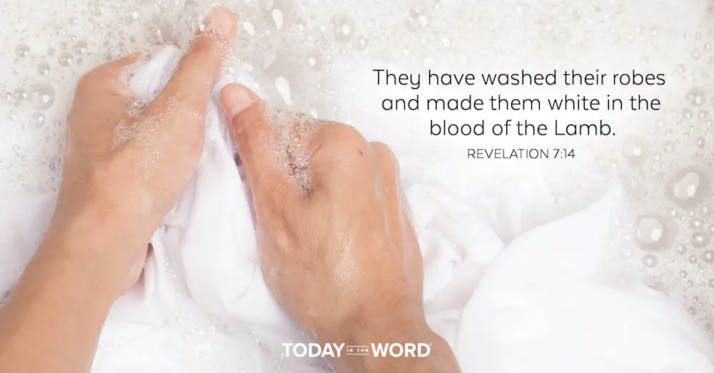 Today's daily devotional Bible verse: Revelation 7:14 They have washed their robes and made them white in the blood of the Lamb. | Someone hand washing a white cloth