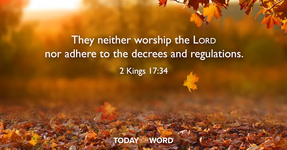 Daily devotional Bible verse: 2 Kings 17:34 They neither worship the LORD nor adhere to the decrees and regulations | Autumn trees on a sunny day.